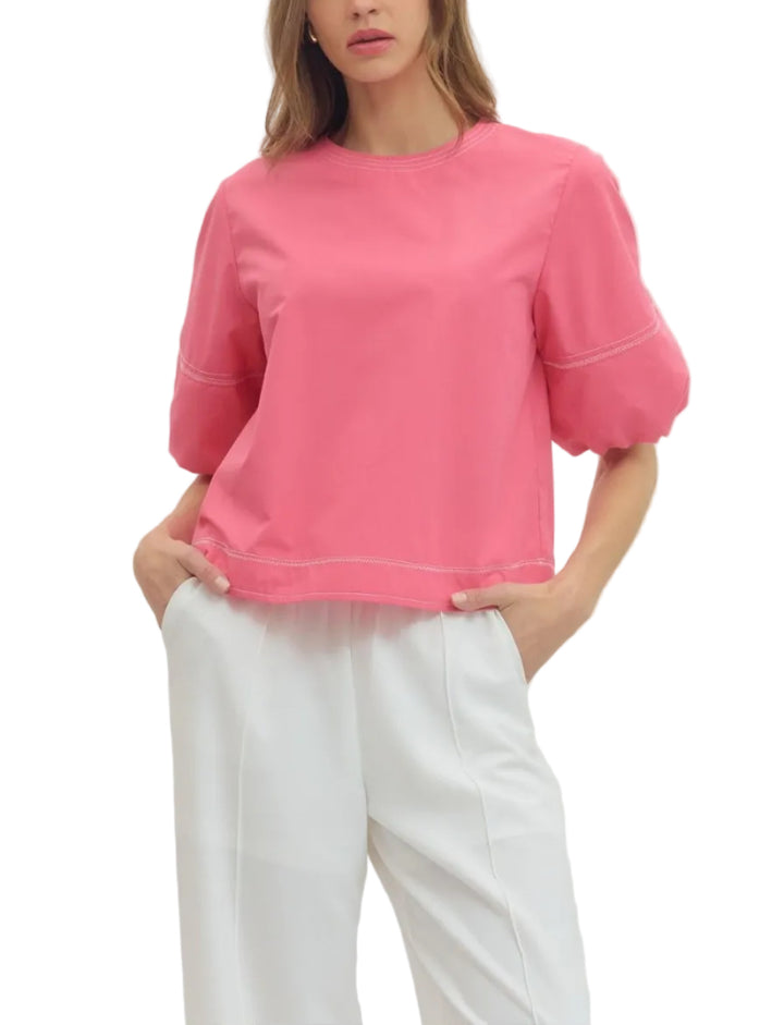 Solid short puff sleeve top featuring contrast stitch detail. Button closure at back. Elasticated sleeve opening. Unlined. Woven. Non-sheer. Lightweight.

