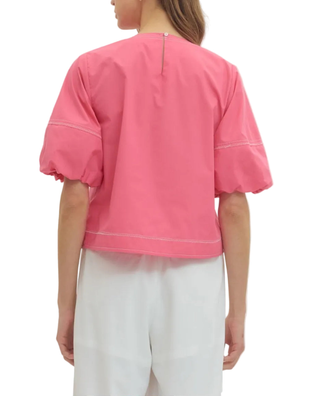 Solid short puff sleeve top featuring contrast stitch detail. Button closure at back. Elasticated sleeve opening. Unlined. Woven. Non-sheer. Lightweight.
