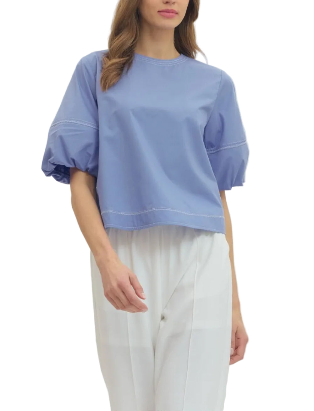 Solid short puff sleeve top featuring contrast stitch detail. Button closure at back. Elasticated sleeve opening. Unlined. Woven. Non-sheer. Lightweight.

