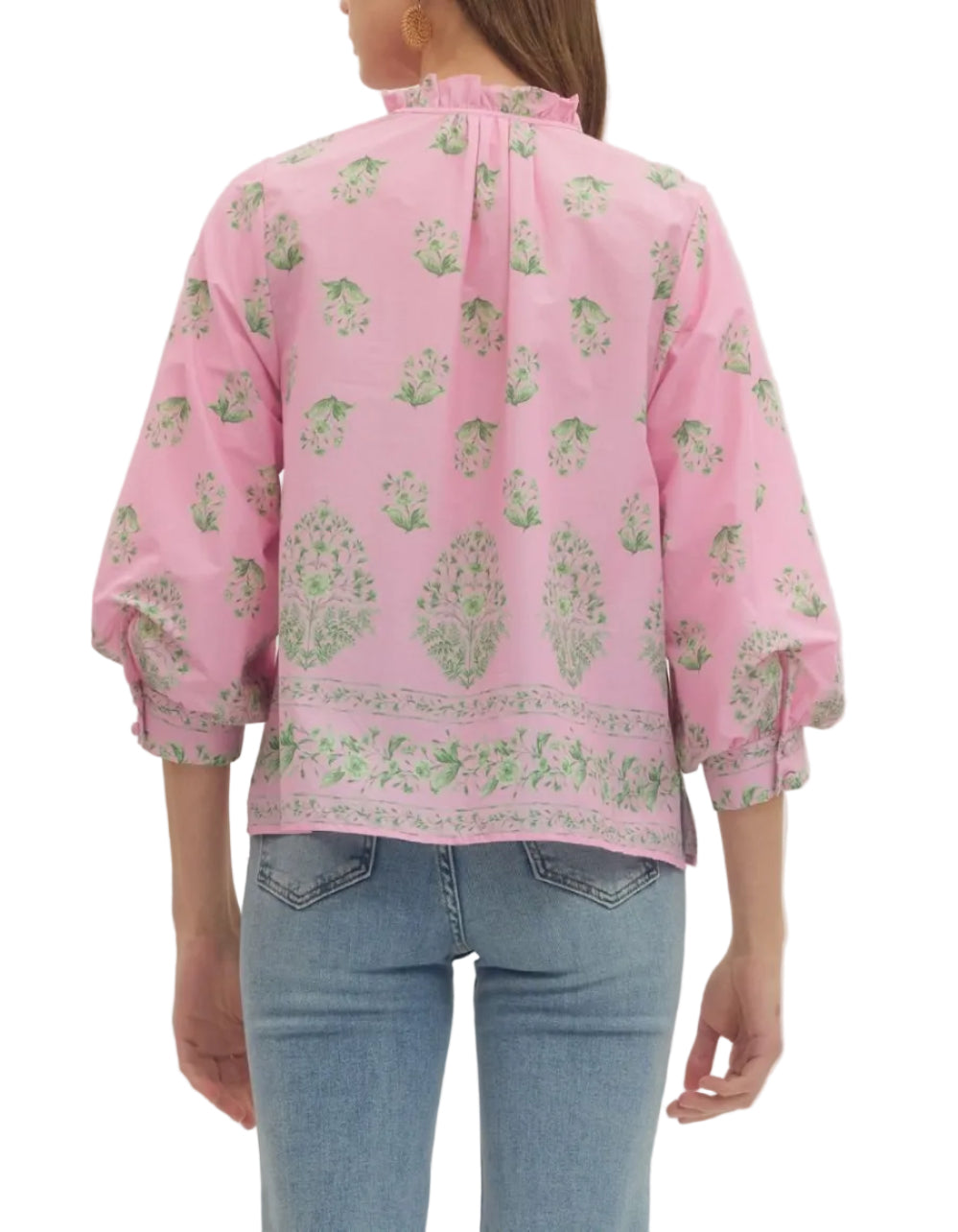 Botanical print balloon 3/4 sleeve top featuring ruffle split neckline with button placket. Button closure at cuff. Unlined. Woven. Non-sheer. Lightweight.
