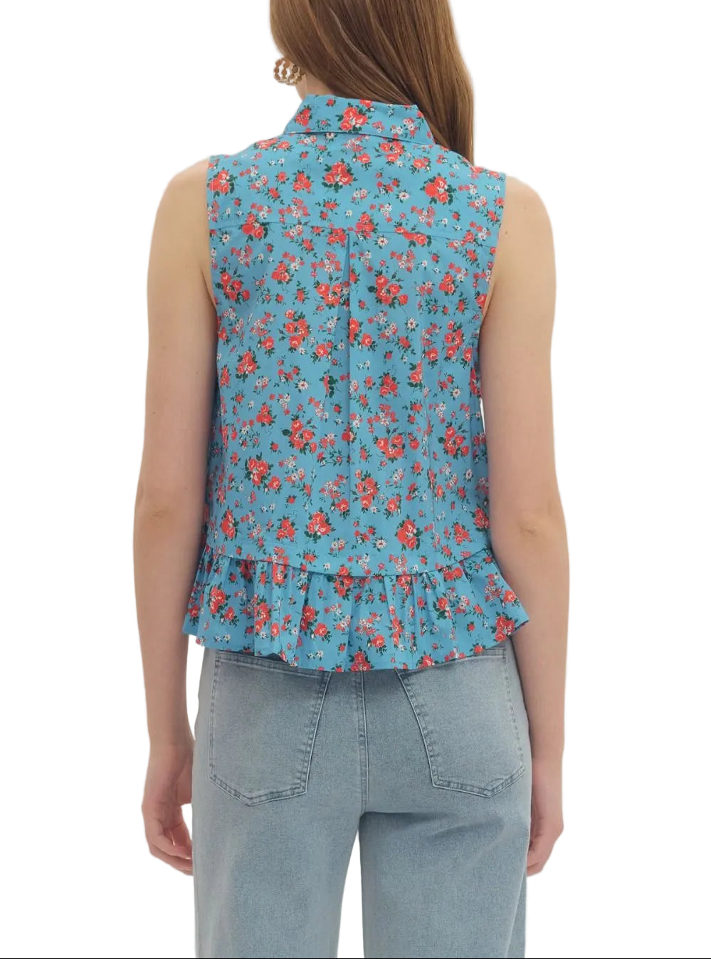 Floral print sleeveless top featuring pointed collar with self-tie detail and button closure at front. Peplum hem. Unlined. Woven. Non-sheer. Lightweight.