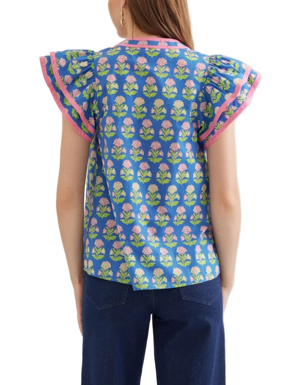 Floral print flutter sleeve top featuring contrast binding trim. Split neck detail at front. Unlined. Woven. Non-sheer. Lightweight.