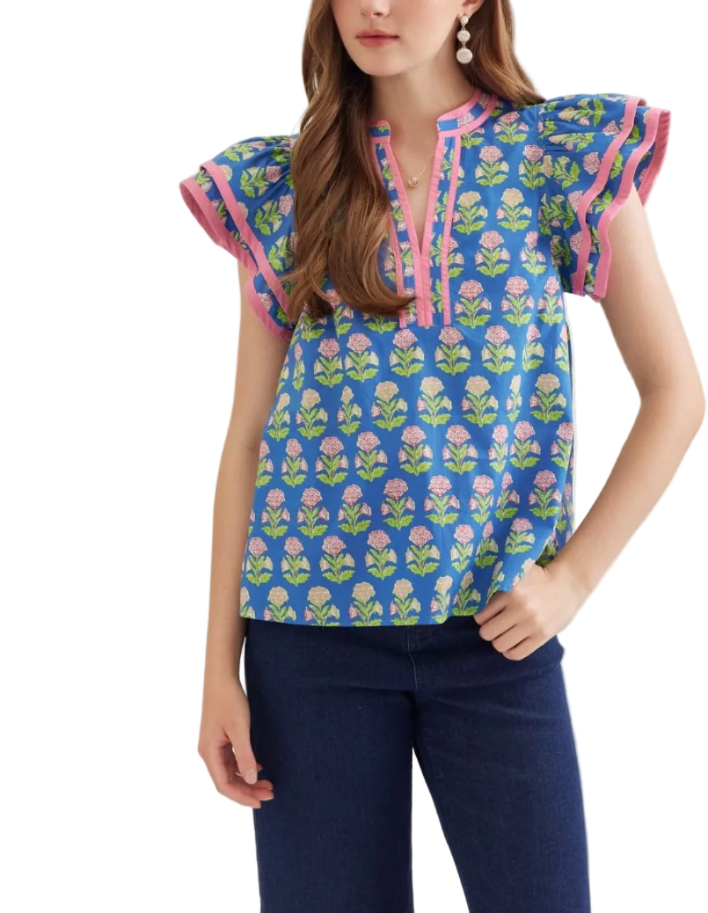 Floral print flutter sleeve top featuring contrast binding trim. Split neck detail at front. Unlined. Woven. Non-sheer. Lightweight.