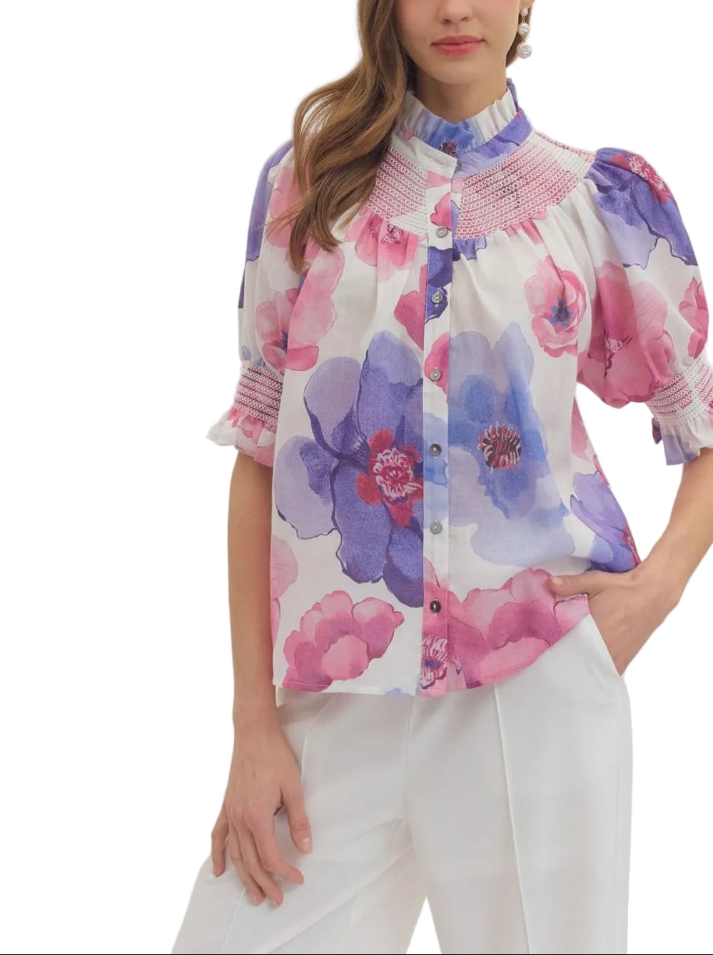 Floral print short puff sleeve top featuring smocked yoke panel. Button closure at front. Elasticated sleeve openings. Unlined. Woven. Non-sheer. Lightweight.