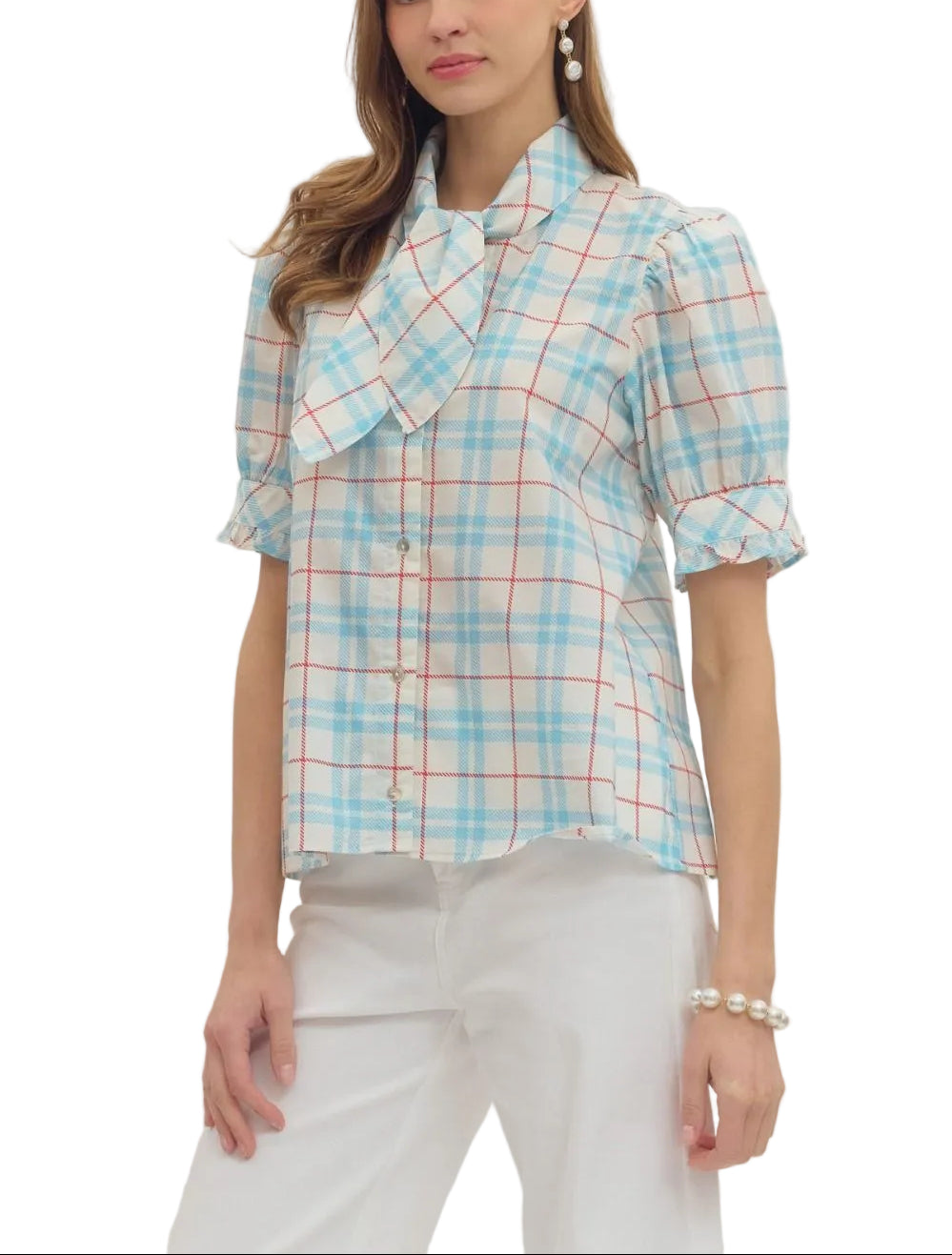 Plaid print tie neck short puff sleeve top featuring layered neck tie detail. Button closure at front. Buttoned cuff. Unlined. Woven. Non-sheer. Lightweight.