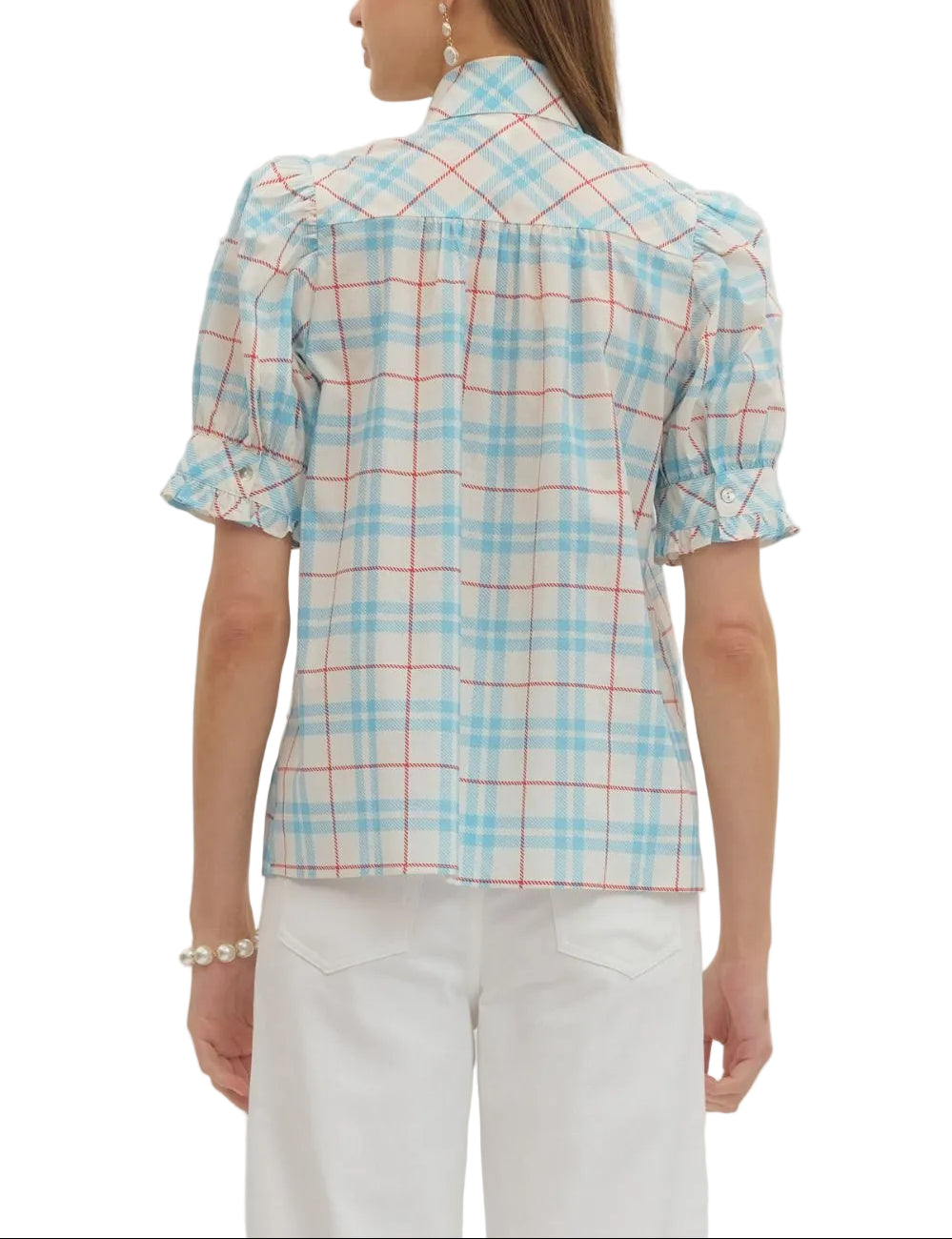 Plaid print tie neck short puff sleeve top featuring layered neck tie detail. Button closure at front. Buttoned cuff. Unlined. Woven. Non-sheer. Lightweight.
