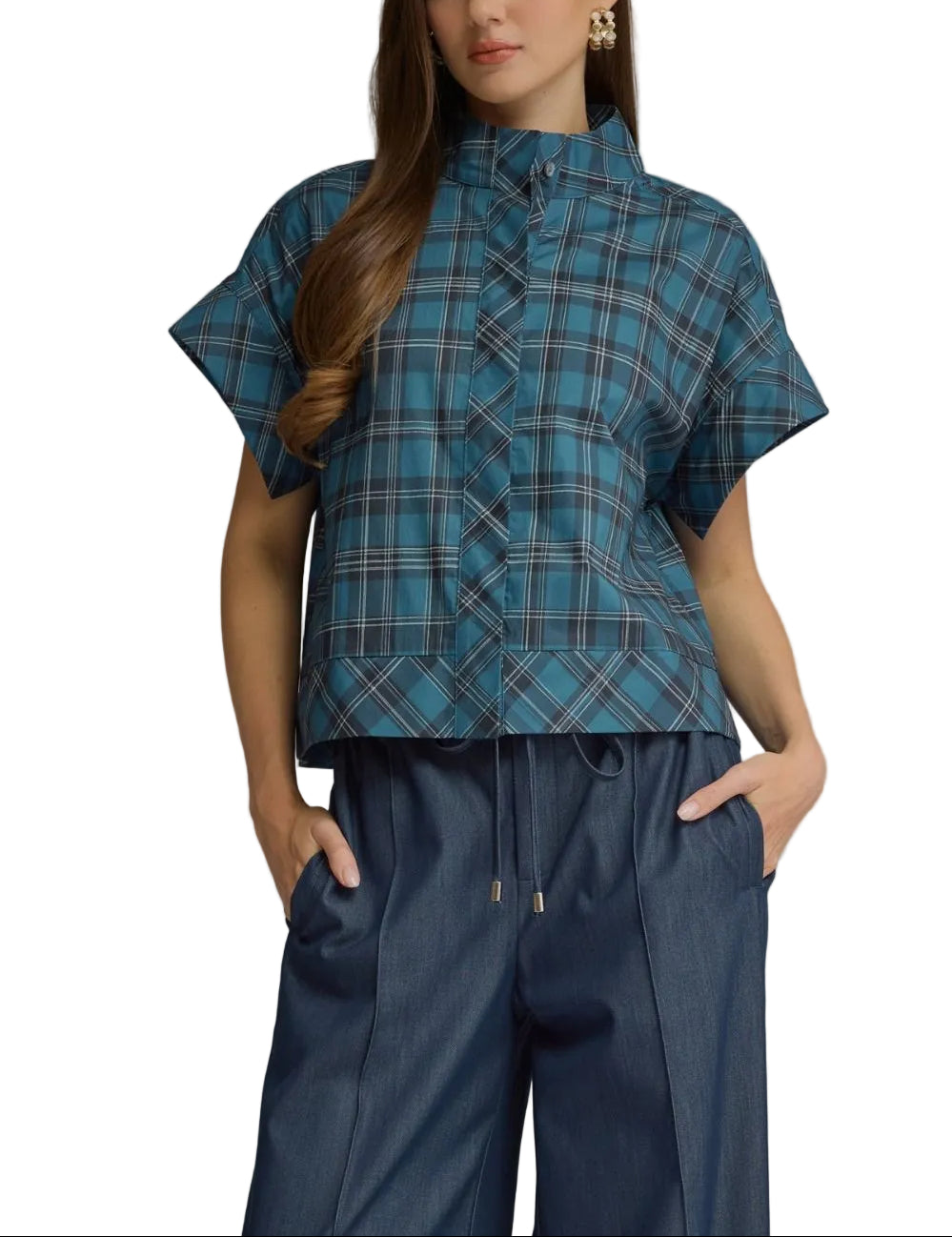 Plaid short sleeve top with a high neckline and hidden buttons at front. Contrast plaid detail at front and hem. Unlined. Woven. Non-sheer. Lightweight.