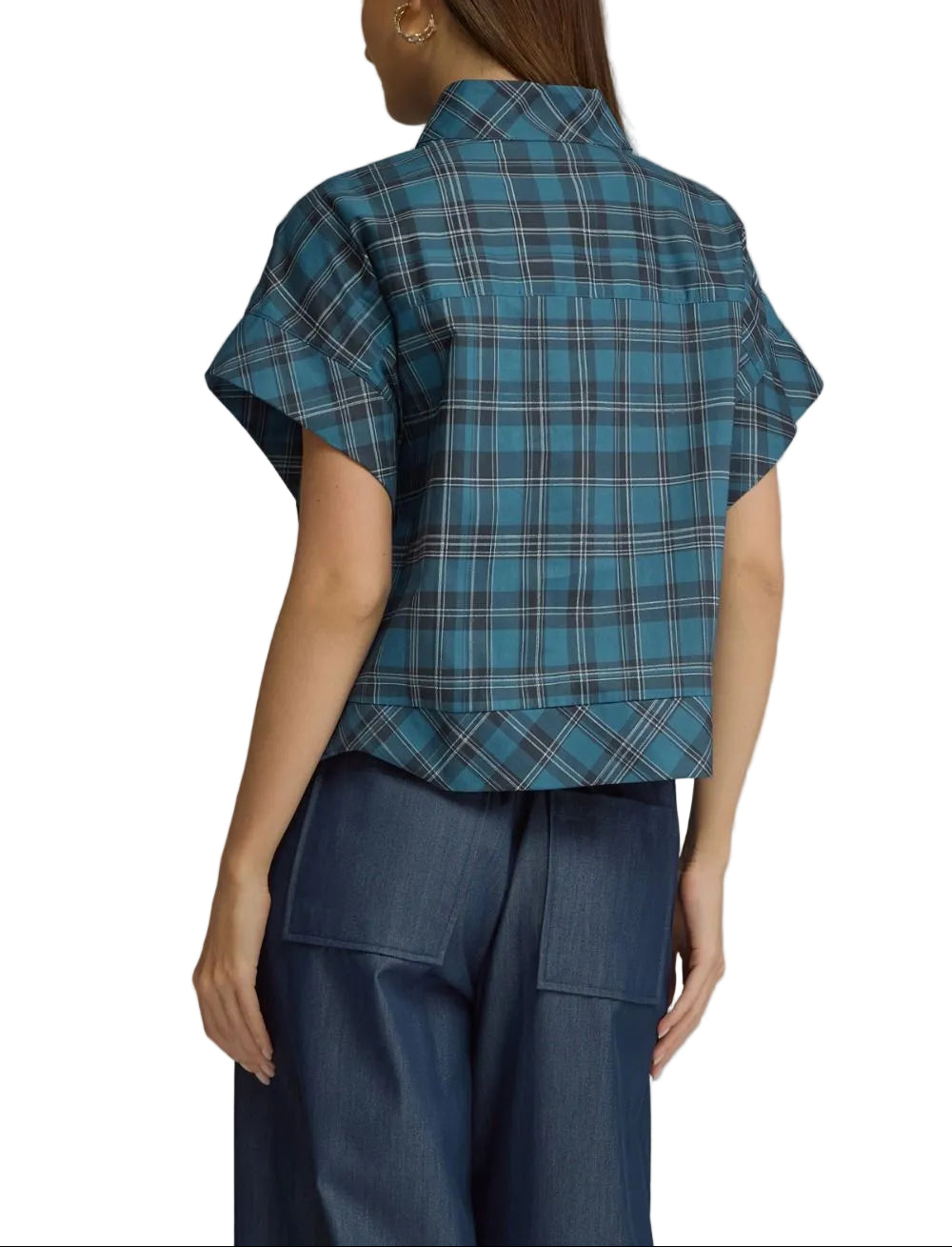 Plaid short sleeve top with a high neckline and hidden buttons at front. Contrast plaid detail at front and hem. Unlined. Woven. Non-sheer. Lightweight.