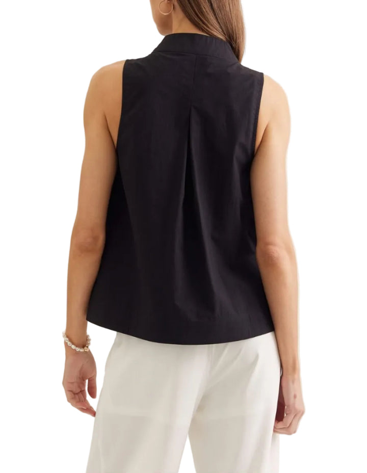 Solid sleeveless top featuring split V-neck with stand collar. Unlined. Woven. Non-sheer. Lightweight.
