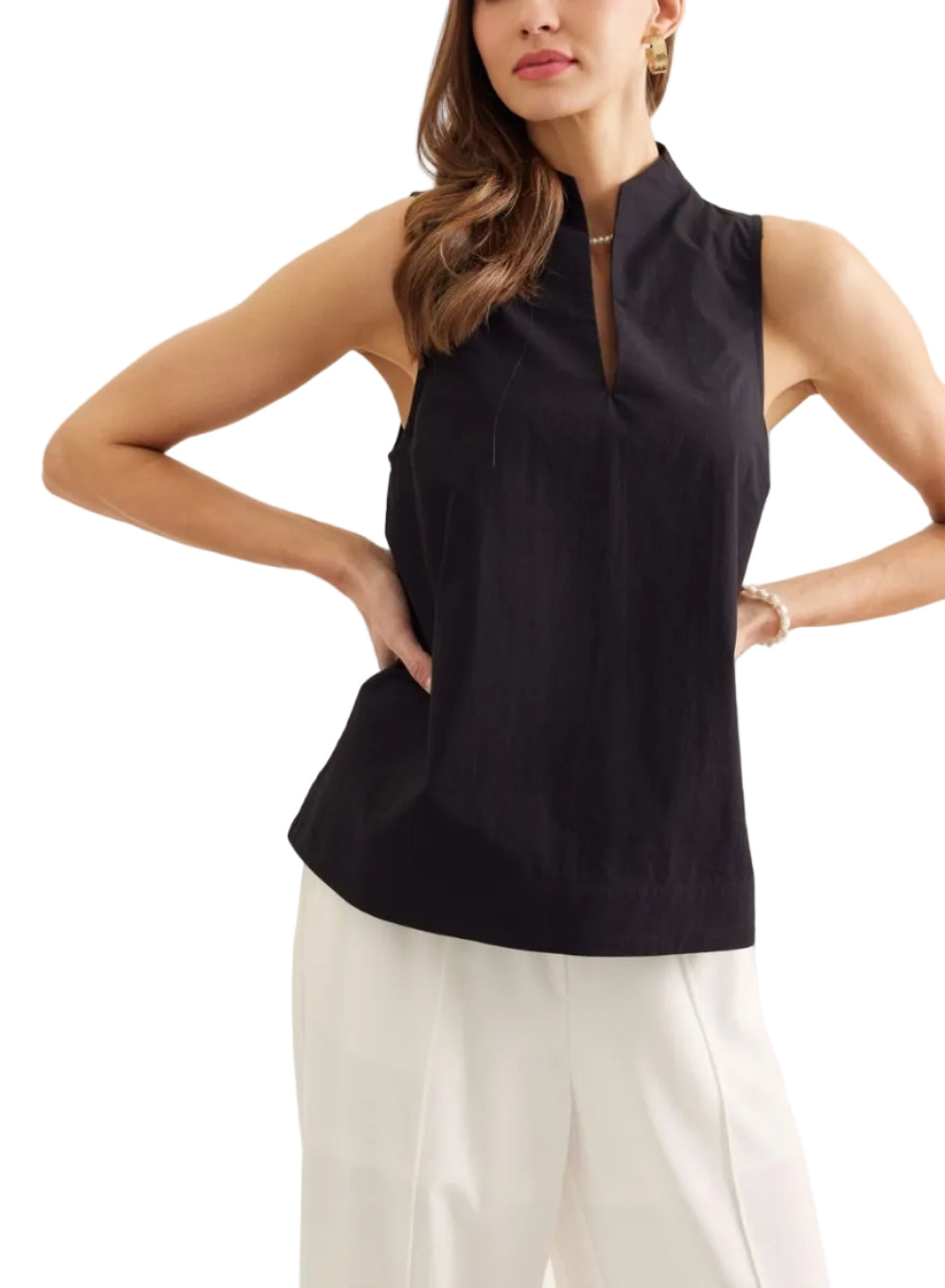 Solid sleeveless top featuring split V-neck with stand collar. Unlined. Woven. Non-sheer. Lightweight.
