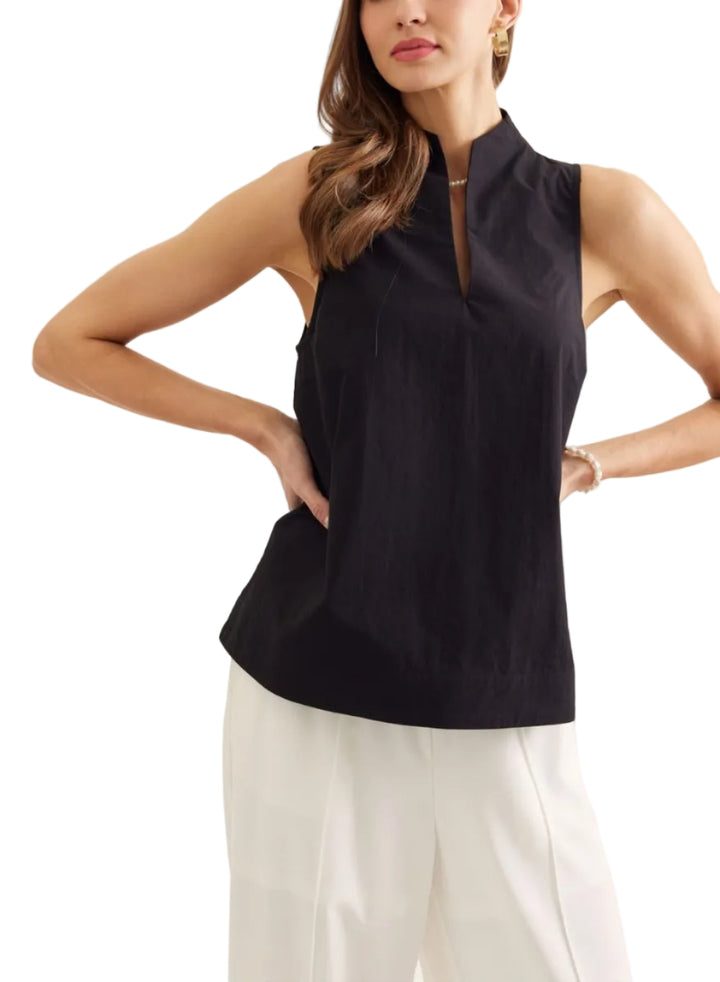 Solid sleeveless top featuring split V-neck with stand collar. Unlined. Woven. Non-sheer. Lightweight.
