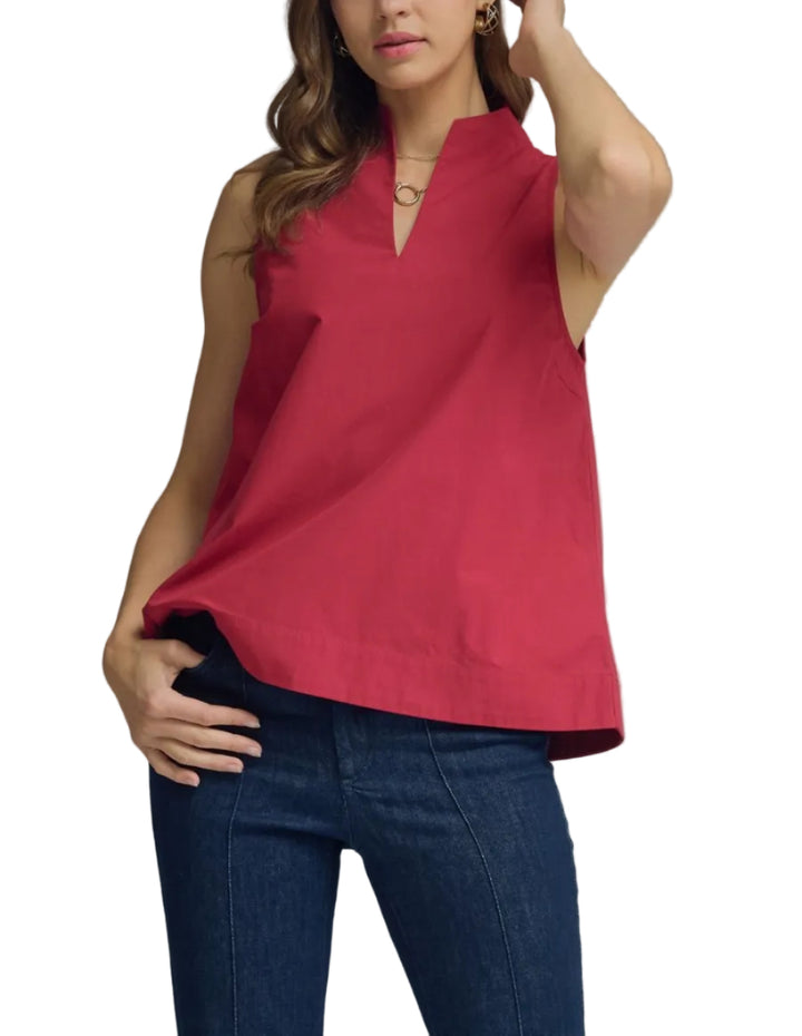 Solid sleeveless top featuring split V-neck with stand collar. Unlined. Woven. Non-sheer. Lightweight.
