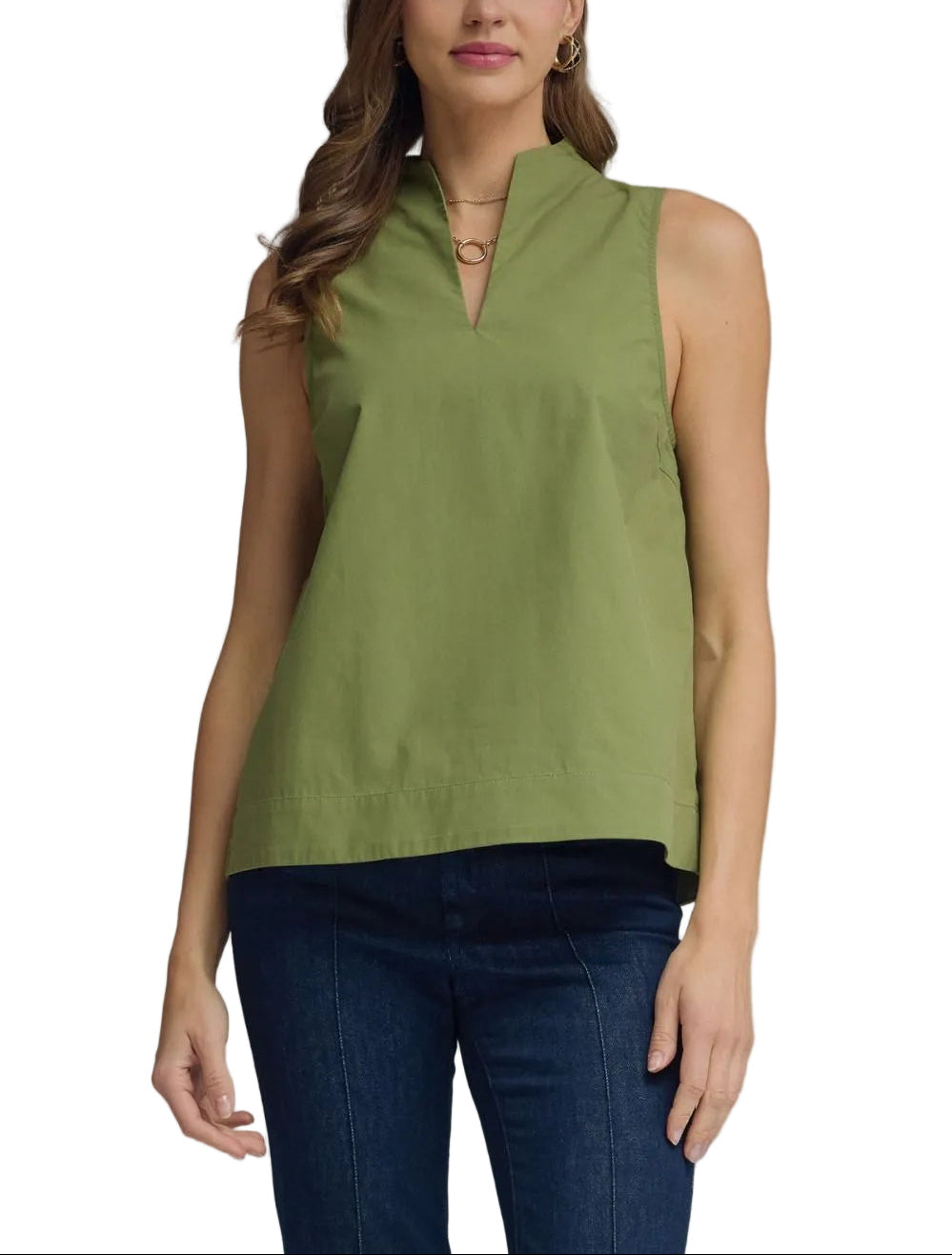 Solid sleeveless top featuring split V-neck with stand collar. Unlined. Woven. Non-sheer. Lightweight.
