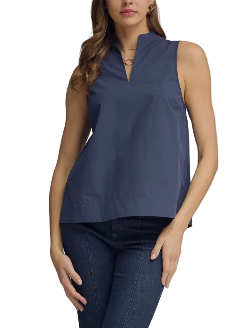 Solid sleeveless top featuring split V-neck with stand collar. Unlined. Woven. Non-sheer. Lightweight.
