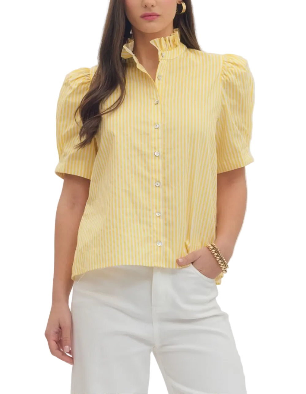 Striped short puff sleeve top featuring ruffle neck band collar. Button closure at front. Back yoke with center pleat. Unlined. Woven. Non-sheer. Lightweight.
