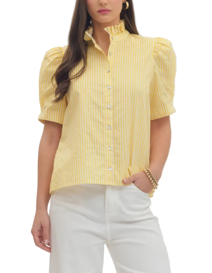 Striped short puff sleeve top featuring ruffle neck band collar. Button closure at front. Back yoke with center pleat. Unlined. Woven. Non-sheer. Lightweight.
