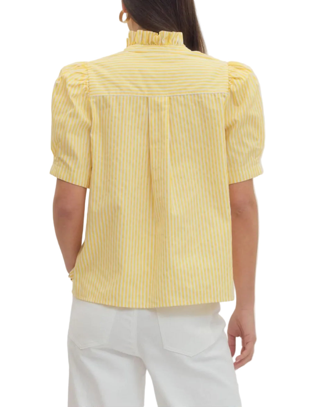 Striped short puff sleeve top featuring ruffle neck band collar. Button closure at front. Back yoke with center pleat. Unlined. Woven. Non-sheer. Lightweight.
