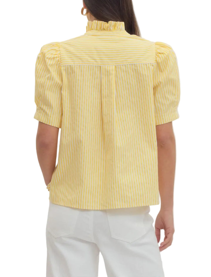 Striped short puff sleeve top featuring ruffle neck band collar. Button closure at front. Back yoke with center pleat. Unlined. Woven. Non-sheer. Lightweight.
