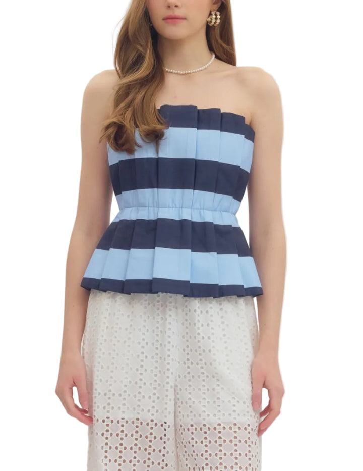 Striped sleeveless peplum top featuring straight neckline and tiered hem detail. Elasticated back smocking. Unlined. Woven. Non-sheer. Lightweight.