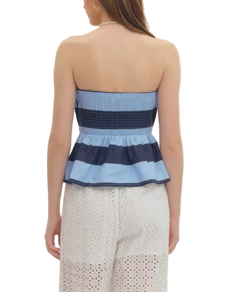 Striped sleeveless peplum top featuring straight neckline and tiered hem detail. Elasticated back smocking. Unlined. Woven. Non-sheer. Lightweight.