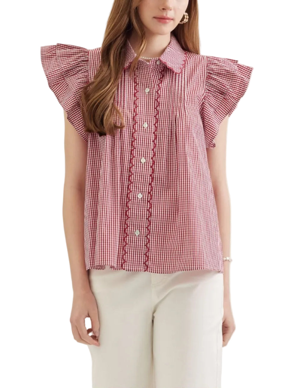 Gingham ruffle cap sleeve top featuring scallop accent trim. Button closure at front. Unlined. Woven. Non-sheer. Lightweight.
