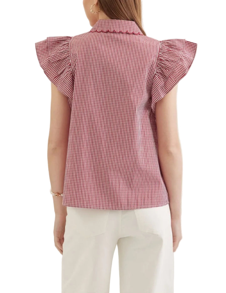 Gingham ruffle cap sleeve top featuring scallop accent trim. Button closure at front. Unlined. Woven. Non-sheer. Lightweight.
