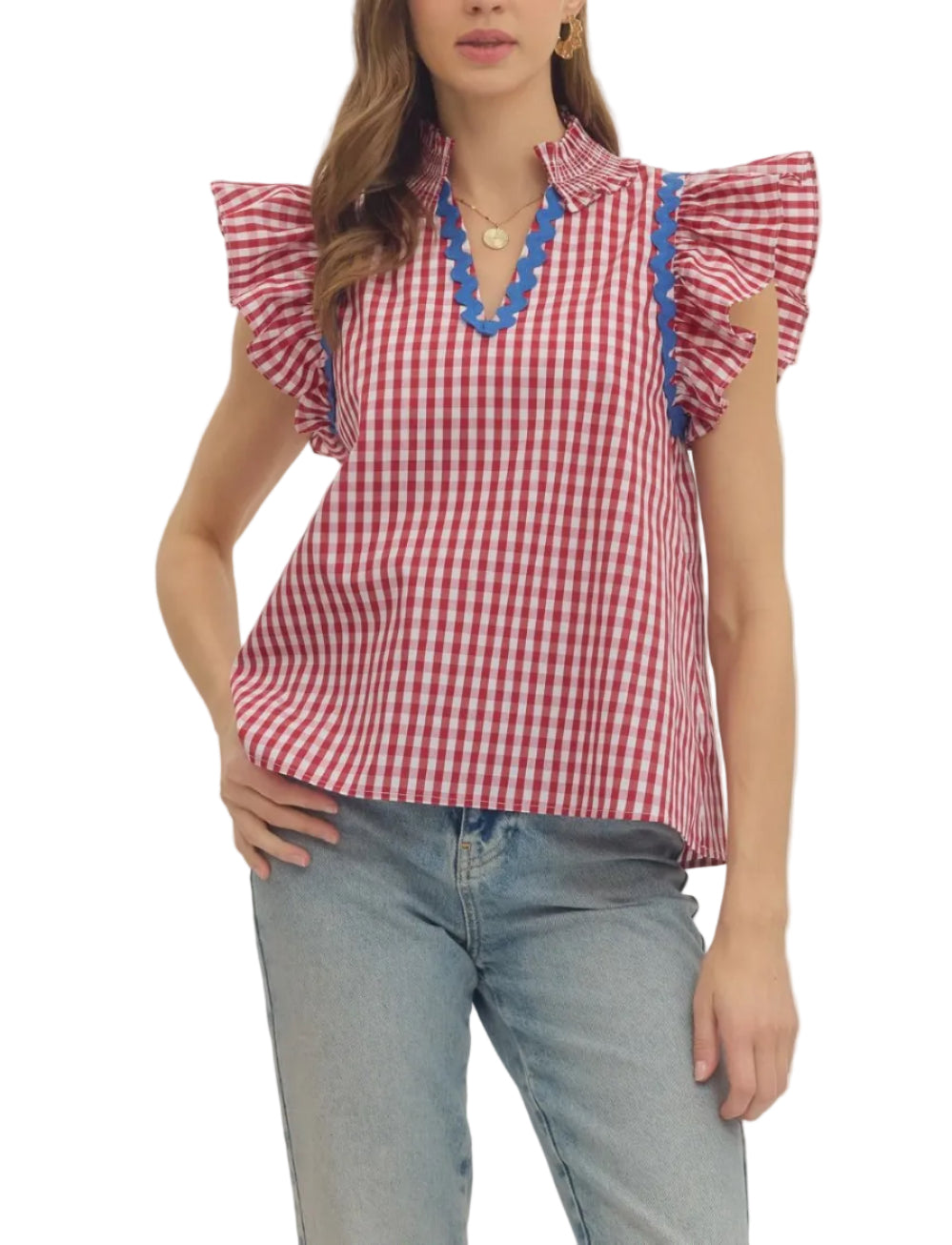Check print flutter sleeve top featuring contrast scallop trim. Ruffle collar. Split neck. Unlined. Woven. Non-sheer. Lightweight.