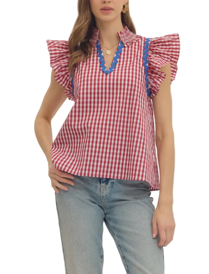 Check print flutter sleeve top featuring contrast scallop trim. Ruffle collar. Split neck. Unlined. Woven. Non-sheer. Lightweight.