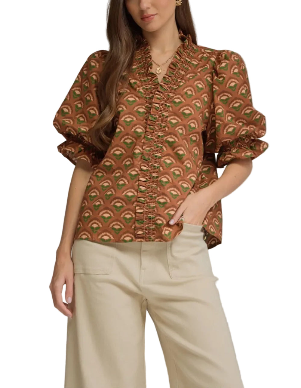 Karlie Geometric Puff Sleeve Top
