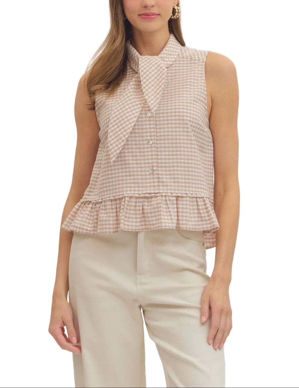 Gingham sleeveless top featuring self-tie neck detail. Button closure at front. Ruffle hem. Unlined. Woven. Non-sheer. Lightweight.