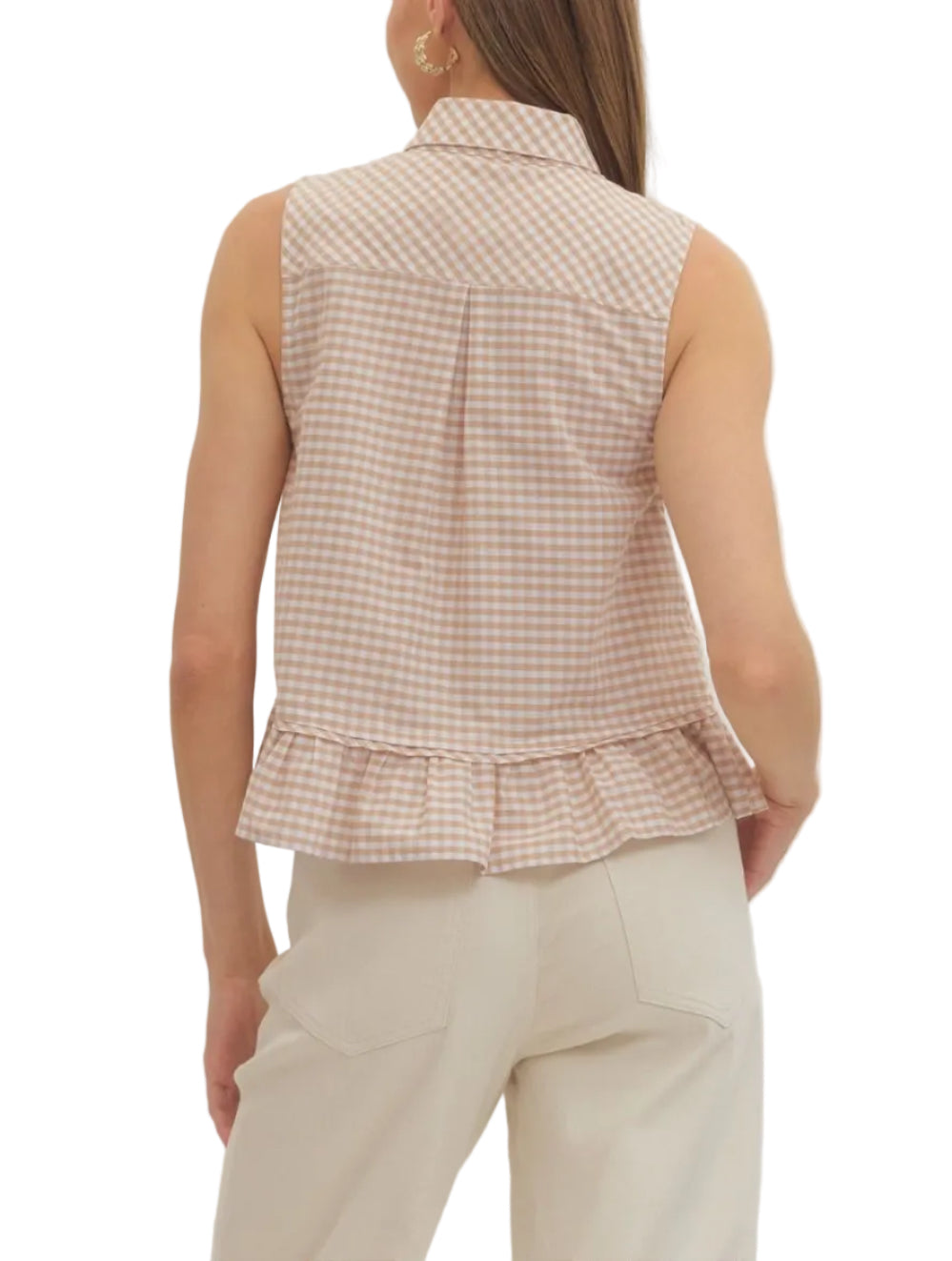 Gingham sleeveless top featuring self-tie neck detail. Button closure at front. Ruffle hem. Unlined. Woven. Non-sheer. Lightweight.
