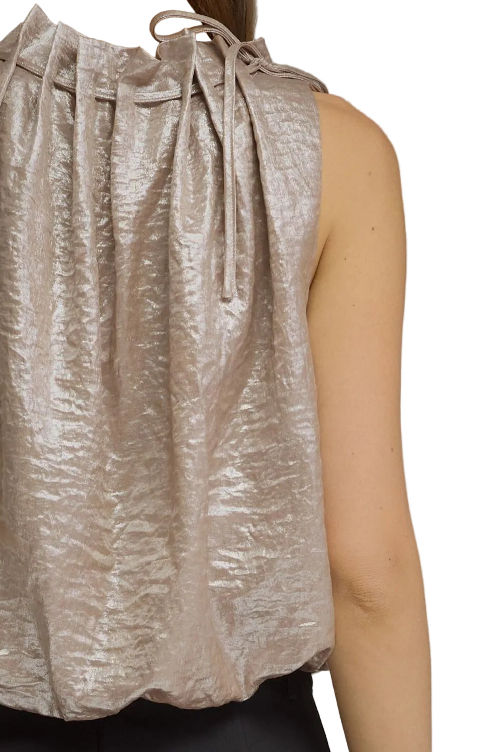 Solid sleeveless high-neck top featuring pleated details and a back tie closure. Elasticized hem. Lined. Woven. Non-sheer. Lightweight.