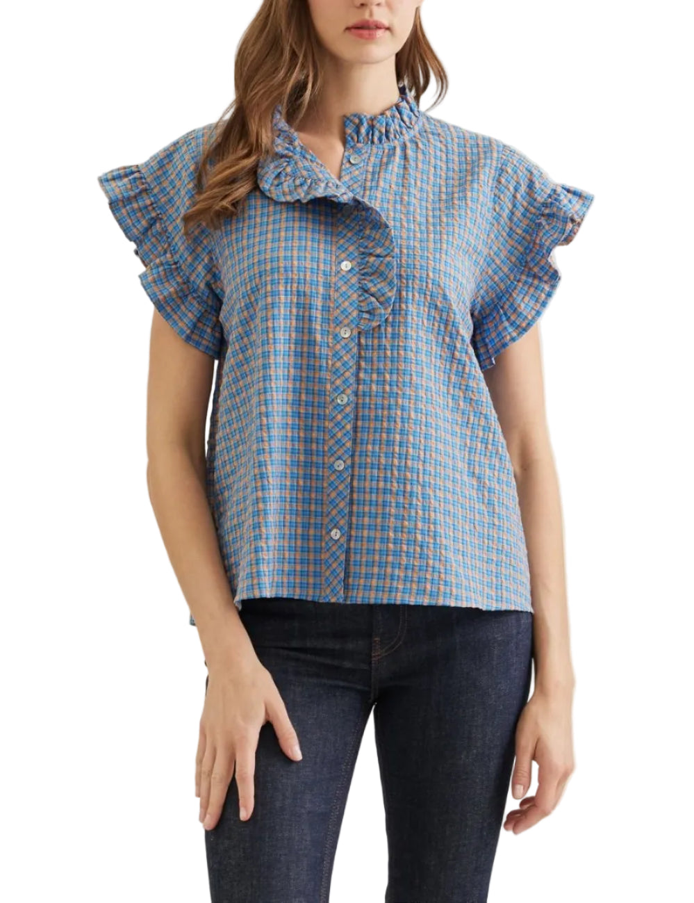 Plaid flutter sleeve top featuring ruffle trim. Ruffled mock neck. Button closure at front. Unlined. Woven. Non-sheer. Lightweight.
