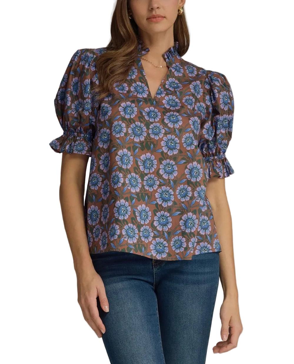 Floral elasticated short puff sleeve top featuring ruffled accent neck band collar V-neck. Elasticated ruffle sleeve hem. Unlined. Woven. Non-sheer. Lightweight.
