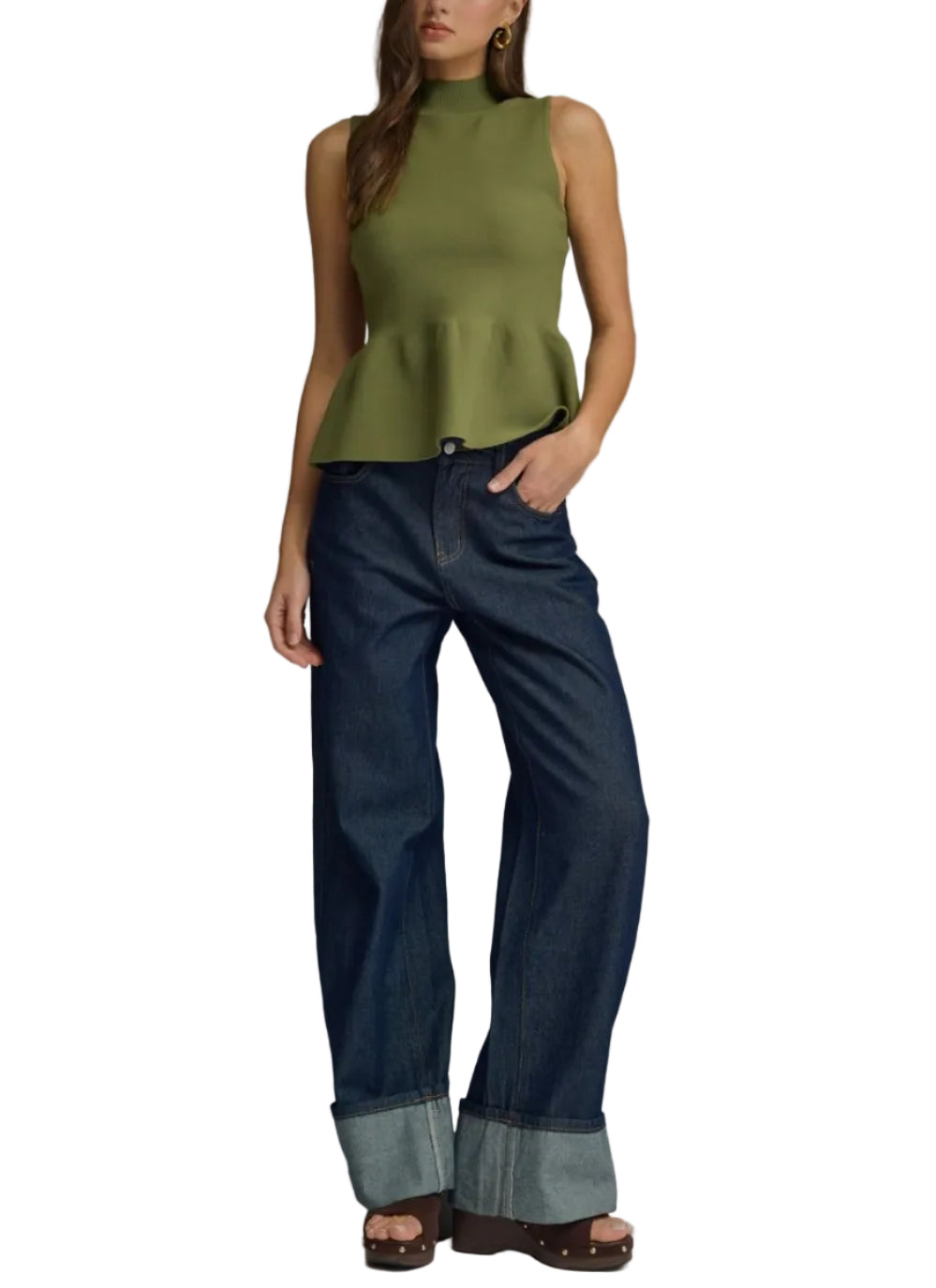 Solid mock neck sleeveless sweater knit top featuring peplum hem. Unlined. Knit. Non-sheer. Lightweight.

