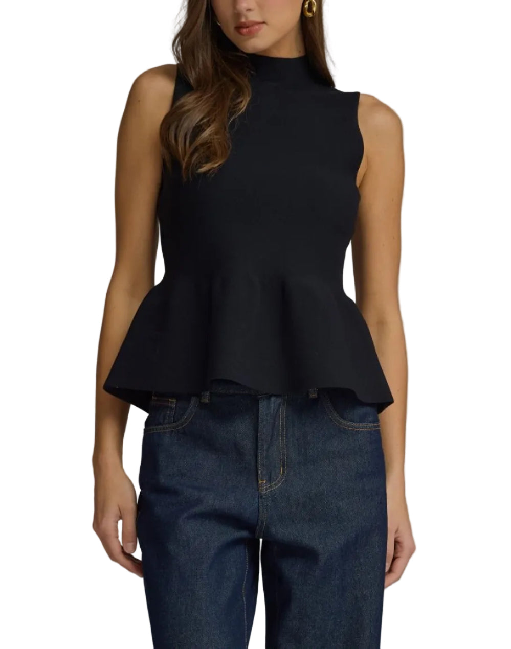 Solid mock neck sleeveless sweater knit top featuring peplum hem. Unlined. Knit. Non-sheer. Lightweight.
