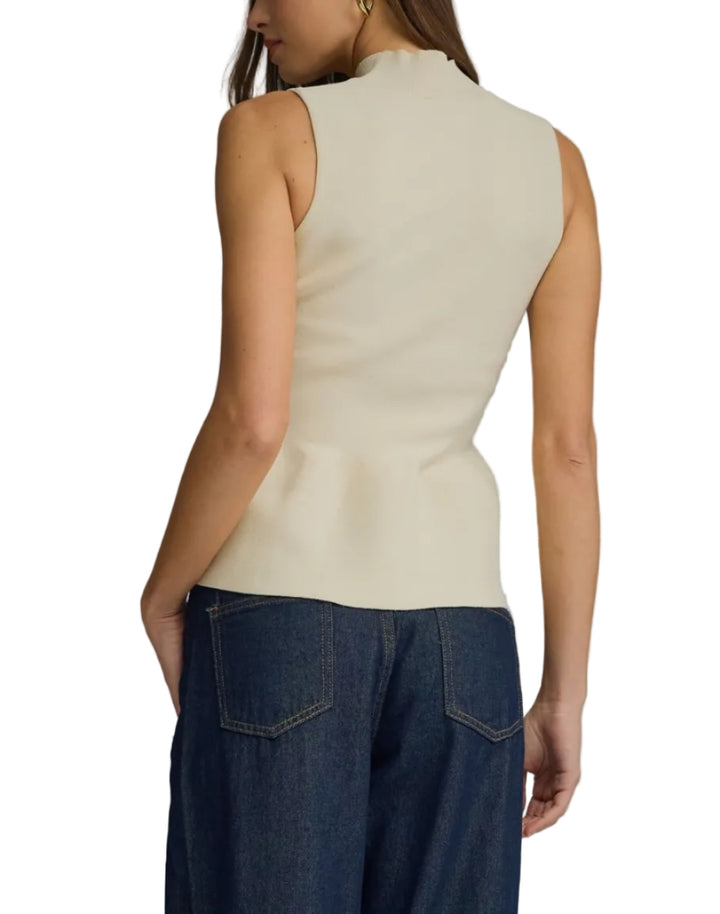 Solid mock neck sleeveless sweater knit top featuring peplum hem. Unlined. Knit. Non-sheer. Lightweight.
