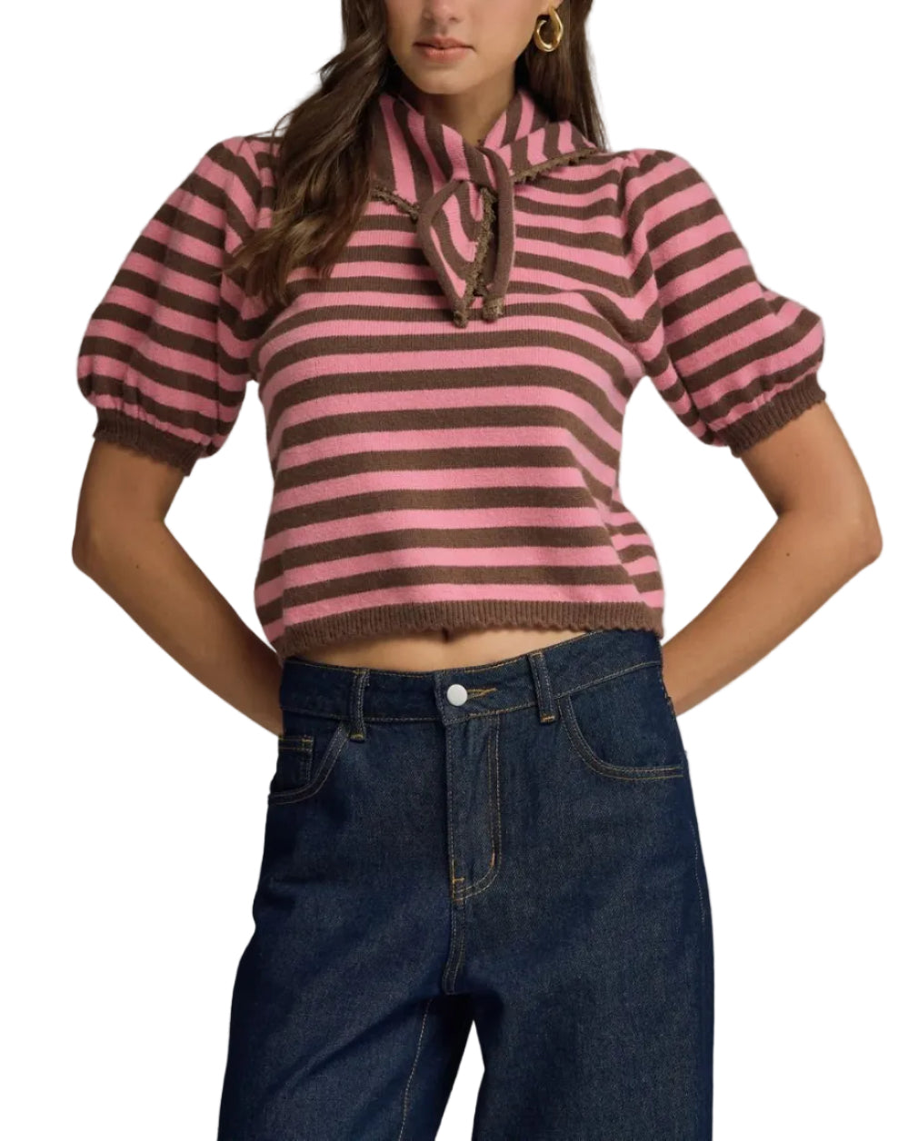 Stripe self-tie collar short puff sleeve sweater knit top featuring scallop trim detail. Ribbed sleeve openings and hem. Unlined. Knit. Non-sheer. Lightweight