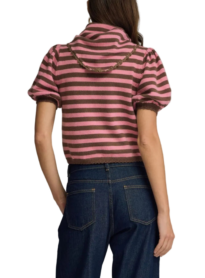 Stripe self-tie collar short puff sleeve sweater knit top featuring scallop trim detail. Ribbed sleeve openings and hem. Unlined. Knit. Non-sheer. Lightweight
