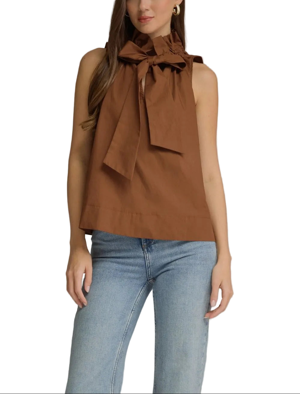 Solid sleeveless top with a ruffled high neckline and self-tie detail at front. Unlined. Woven. Non-sheer. Lightweight.