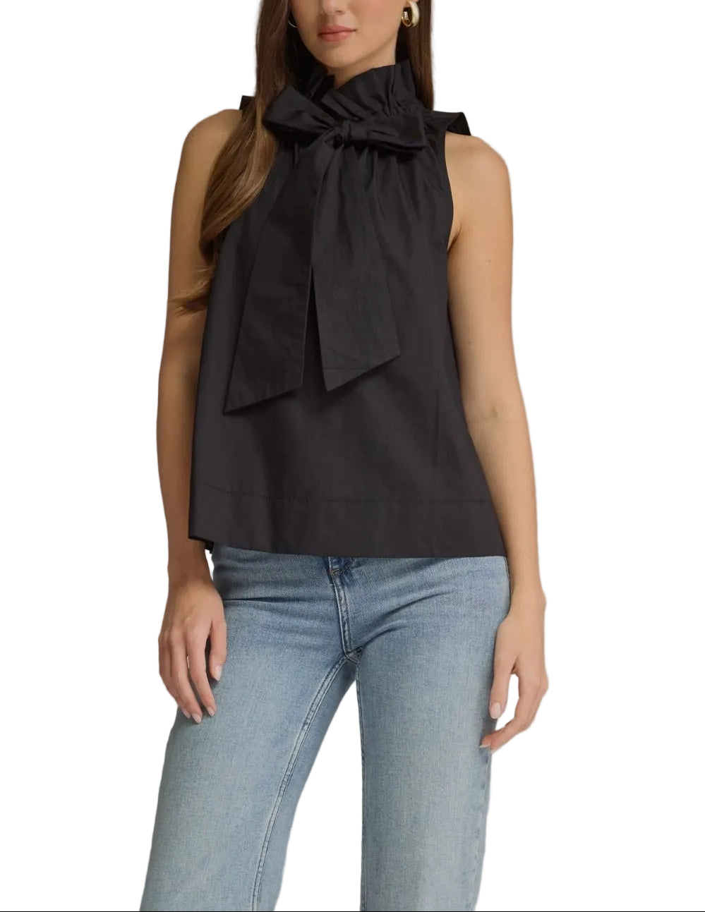 Solid sleeveless top with a ruffled high neckline and self-tie detail at front. Unlined. Woven. Non-sheer. Lightweight.