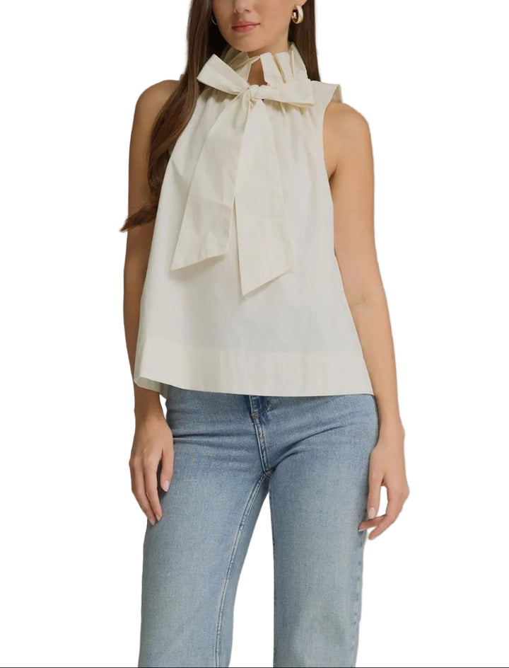 Solid sleeveless top with a ruffled high neckline and self-tie detail at front. Unlined. Woven. Non-sheer. Lightweight.