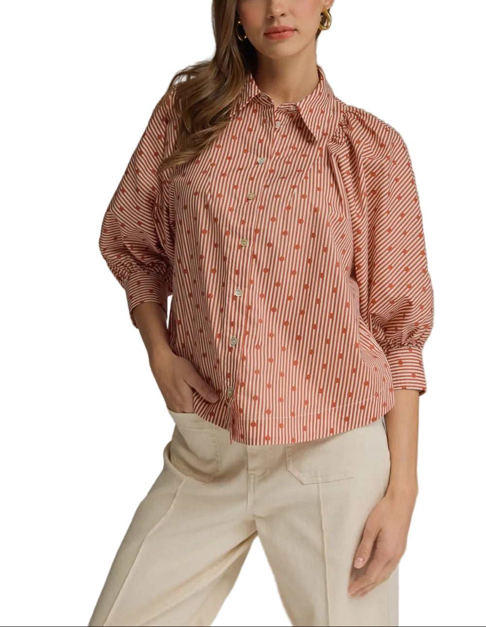 Striped dot print collared 3/4 puff sleeve top featuring gathered shoulder detail. Button closure at front. Buttoned cuffs. Unlined. Woven. Non-sheer. Lightweight.