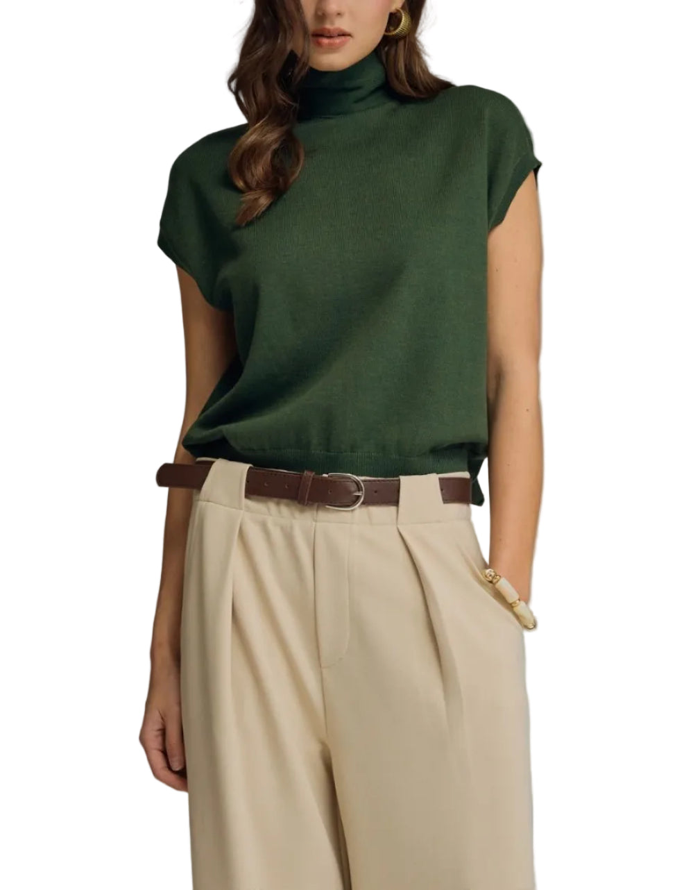 Solid mock neck cap sleeve knit top featuring scarf tie detail. Button closure at back neck. Unlined. Knit. Non-sheer. Lightweight.
