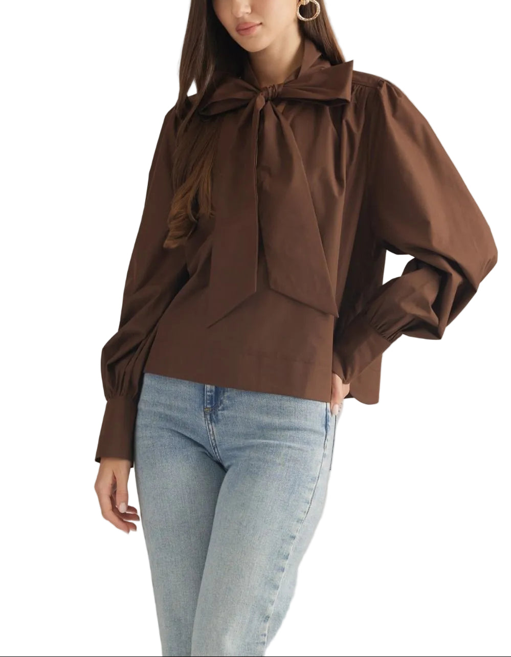 Solid long sleeve top featuring a self-tie detail at neck. Button cuffs. Unlined. Woven. Non-sheer. Lightweight.