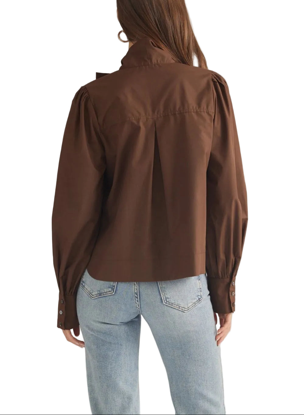 Solid long sleeve top featuring a self-tie detail at neck. Button cuffs. Unlined. Woven. Non-sheer. Lightweight.
