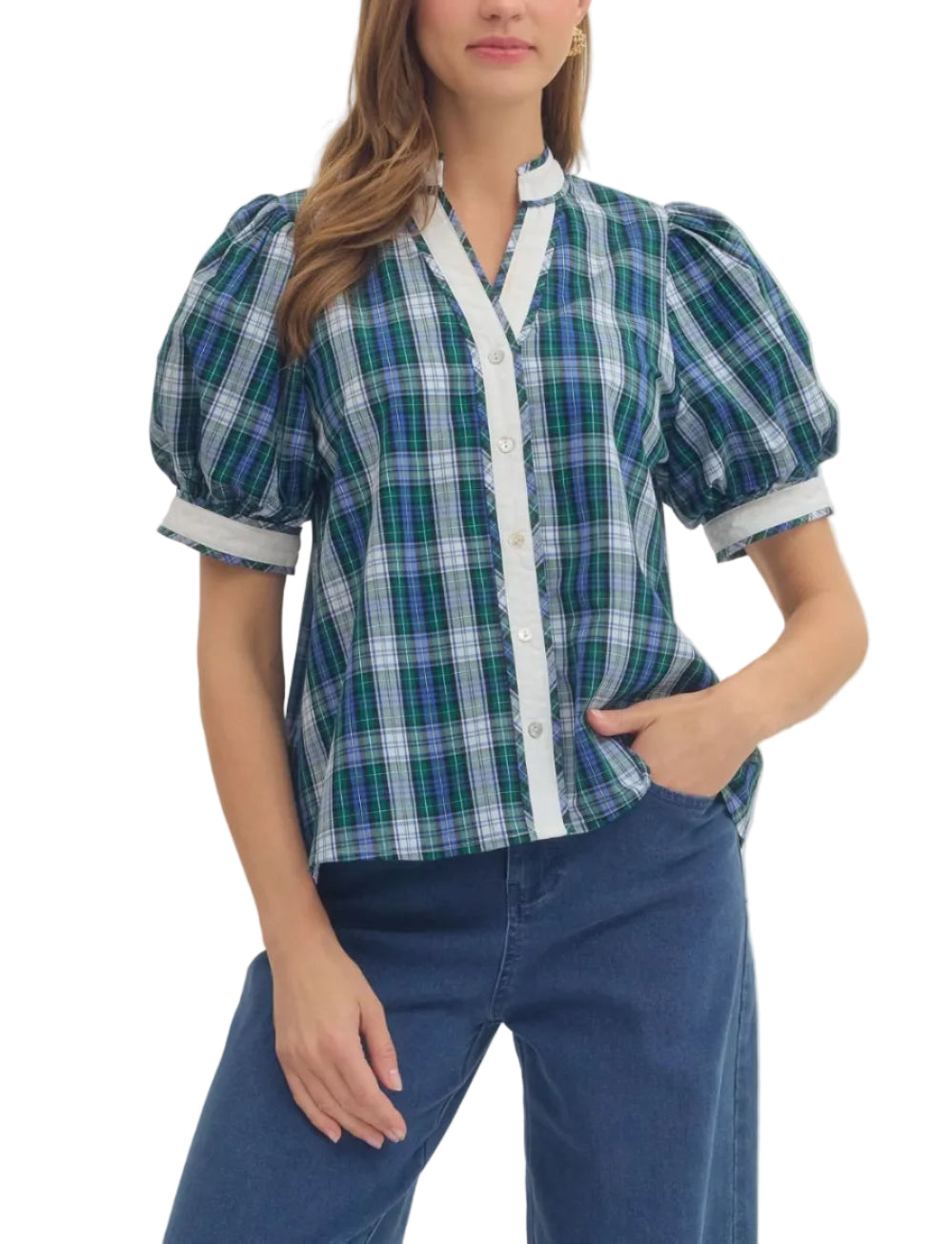 Plaid puff sleeve top featuring contrast trim. Button closure at front. Unlined. Woven. Non-sheer. Lightweight.
