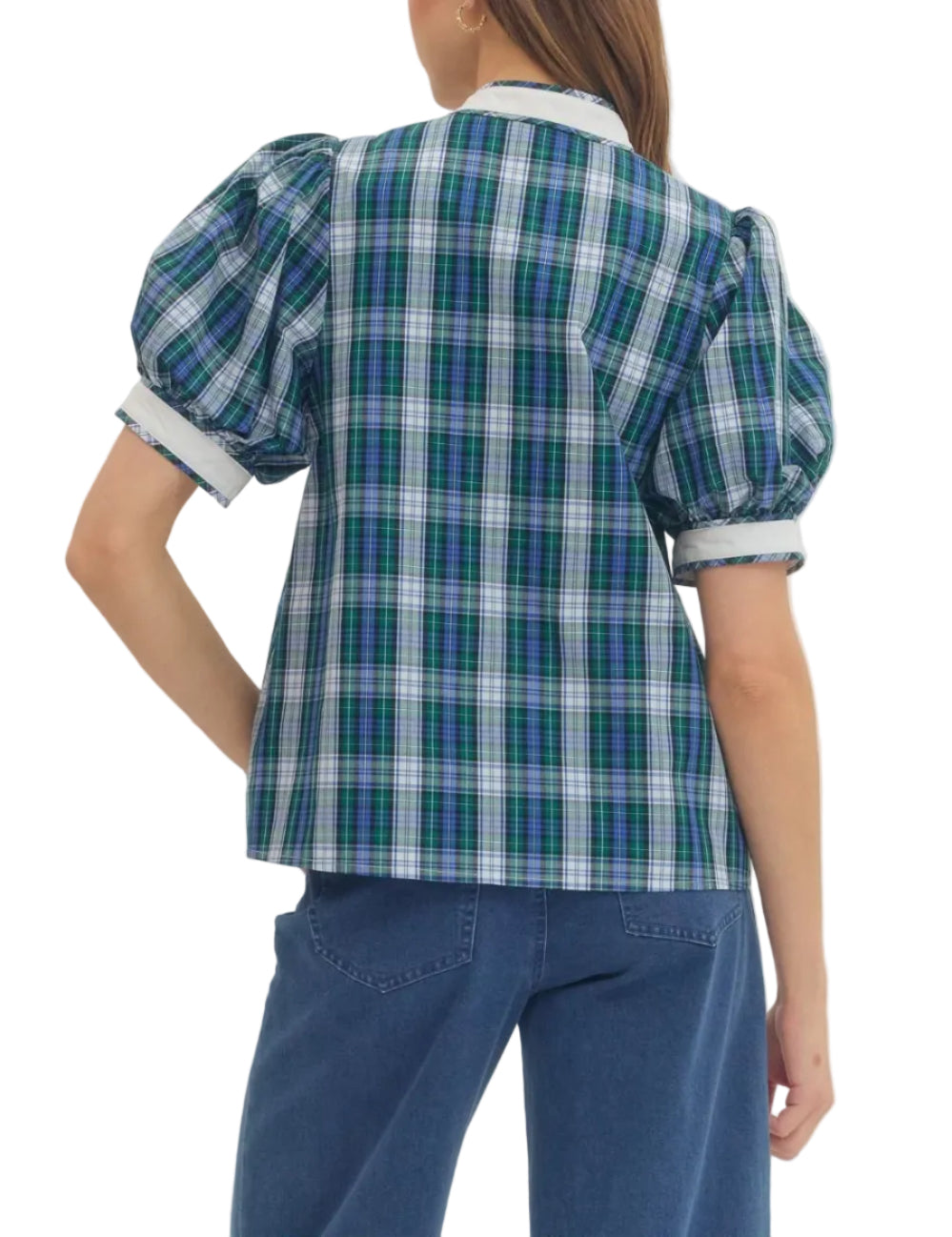 Plaid puff sleeve top featuring contrast trim. Button closure at front. Unlined. Woven. Non-sheer. Lightweight.
