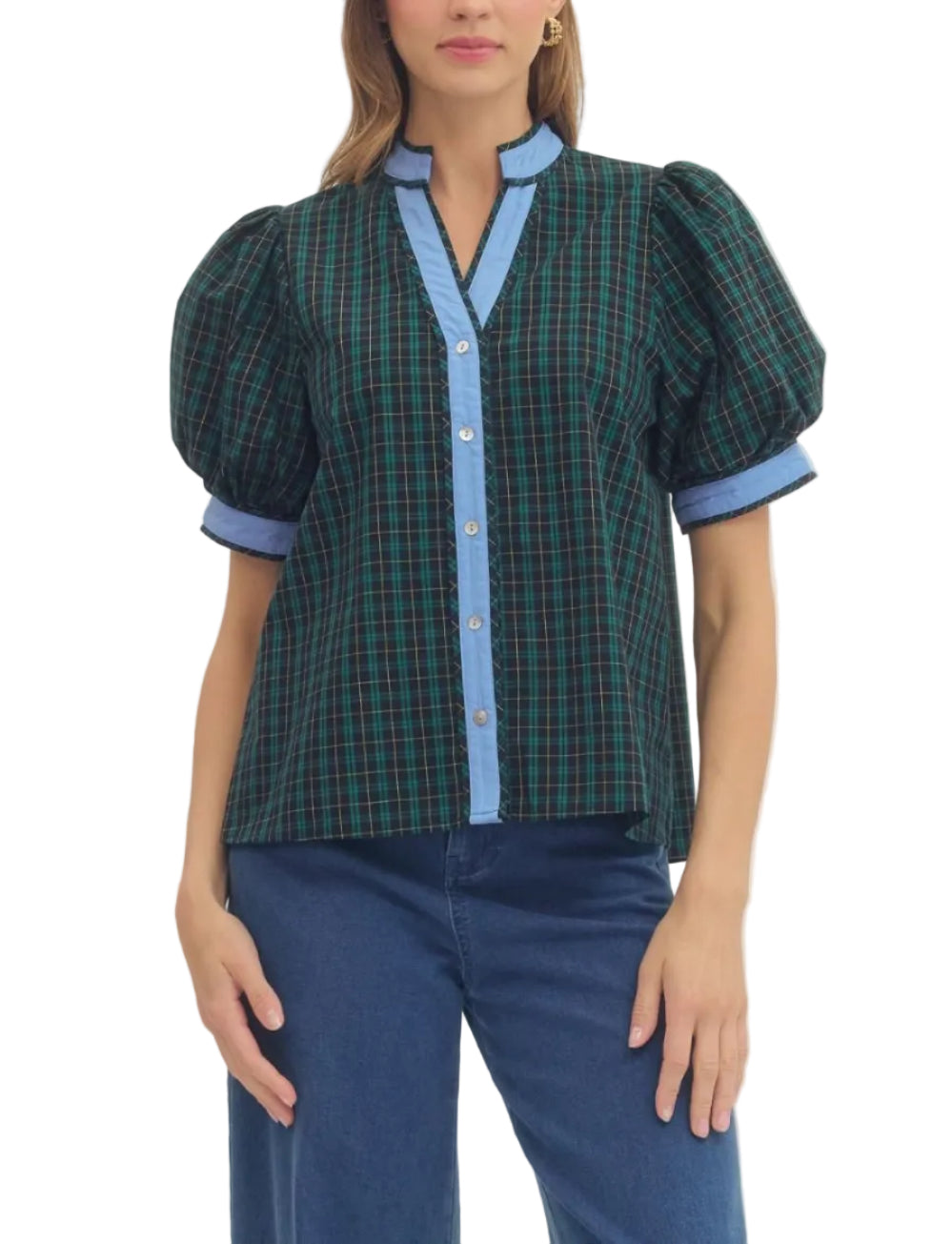 Plaid puff sleeve top featuring contrast trim. Button closure at front. Unlined. Woven. Non-sheer. Lightweight.

