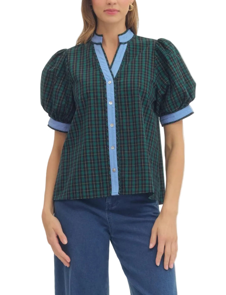 Plaid puff sleeve top featuring contrast trim. Button closure at front. Unlined. Woven. Non-sheer. Lightweight.
